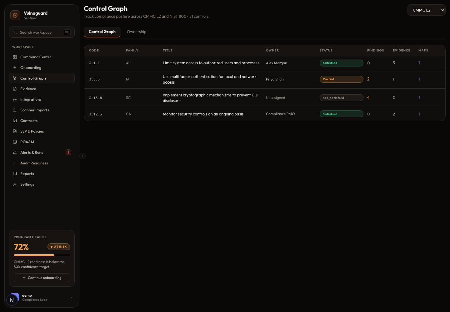 Control gap mapping with owners and due dates in Sentinel.