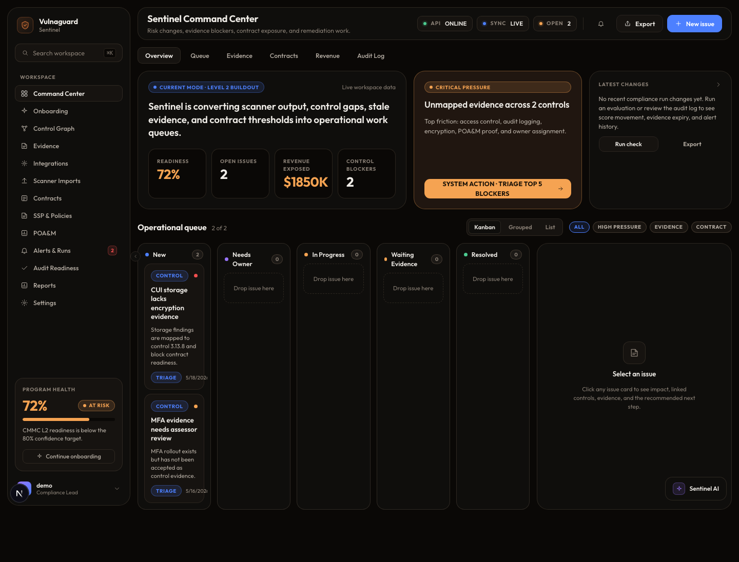 Sentinel dashboard showing CMMC Level 2 readiness, open gaps, and program status.